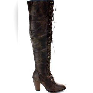 Over the knee distressed chunky heel boot